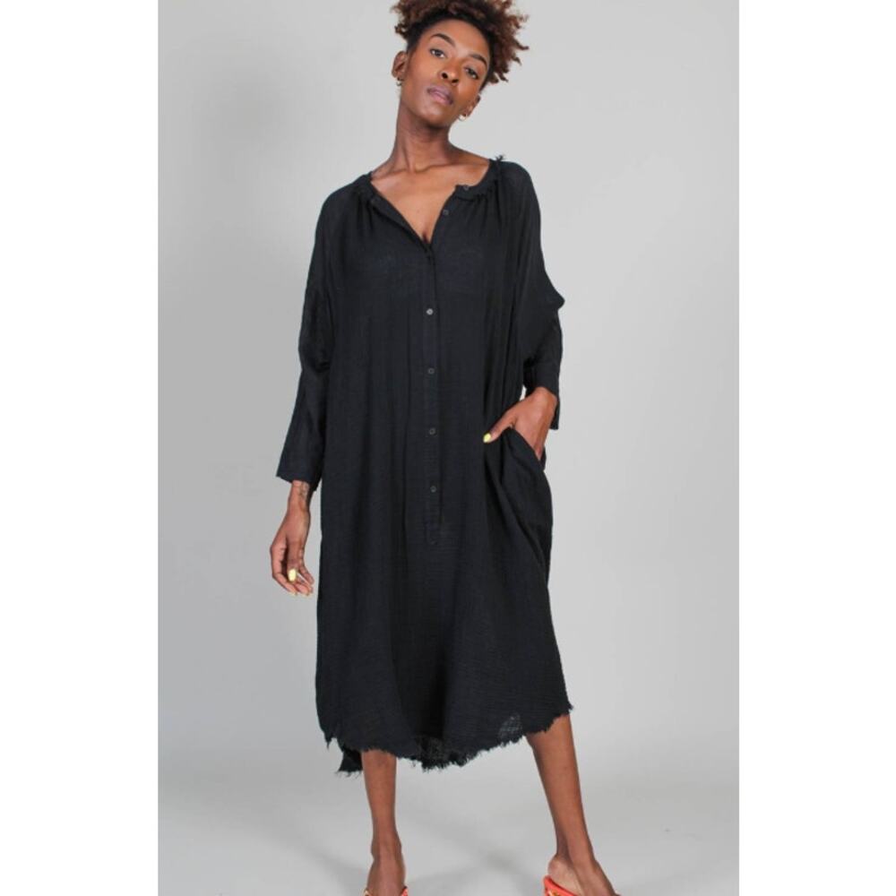 Raquel Allegra Poet Midi Dress Cotton Gauze Long Sleeve Button Front Frayed Maxi